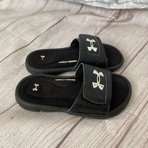 Under Armour toddler sz 12 black 4D foam comfort slides w/adjustable top strap - Picture 8 of 10